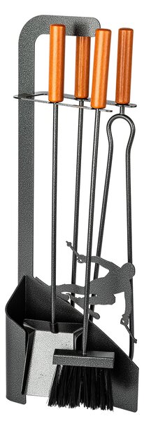 Trespolo per Attrezzi Camino Sagoma Sciatore con Paletta Scopino Attizzino e Pinza 15,6x23,5x65 cm in Ferro e Legno Grigio Martellato