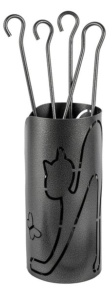Trespolo per Attrezzi Camino Cilindrico Sagoma Gatto con Paletta Scopino Attizzino e Pinza Ø15,2x62 cm in Ferro Verniciato Grigio Martellato