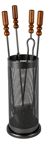 Trespolo per Attrezzi Camino Barilotto a Rete con Paletta Scopino Attizzino e Pinza Ø18x62 cm in Ferro e Legno Grigio Martellato