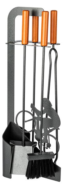 Trespolo per Attrezzi Camino Sagoma Ciclista con Paletta Scopino Attizzino e Pinza 15,6x23,5x65 cm in Ferro e Legno Grigio Martellato