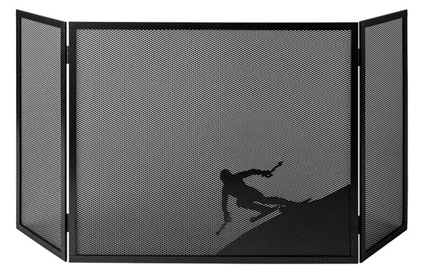 Parascintille per Camino a 3 Ante Design Sciatore 20+60+20x50 cm in Ferro Verniciato Grigio Martellato