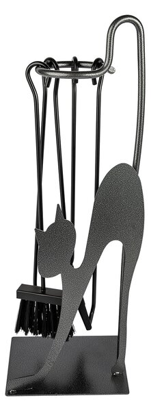 Trespolo per Attrezzi Camino Rettangolare Sagoma Gatto con Paletta Scopino Attizzino e Pinza 28x19x66 cm in Ferro Verniciato