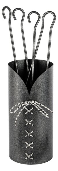Trespolo per Attrezzi Camino Cilindrico Laccio con Paletta Scopino Attizzino e Pinza Ø15,2x62 cm in Ferro Verniciato Grigio Martellato
