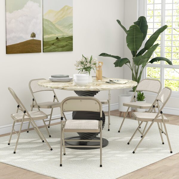 Set di 6 Sedie Pieghevoli Moderne 45x46x78 cm in Acciaio e Tessuto Effetto Lino Beige