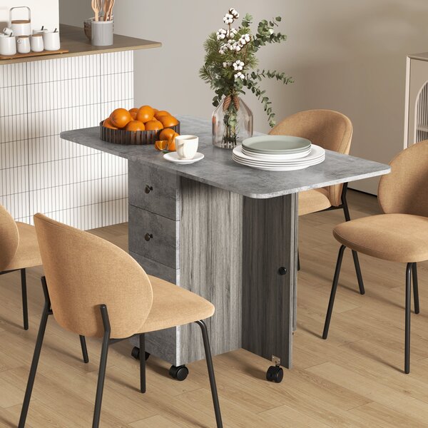 Tavolo Pieghevole a Ribalta 120x60x76.5 cm con 2 Cassetti e Armadietto in Legno Effetto Cemento Grigio