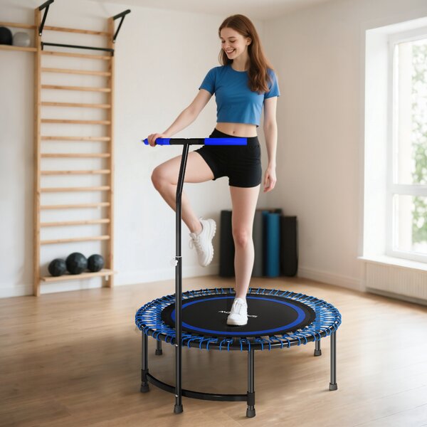 Trampolino Fitness Ø145 cm con Manubrio Regolabile su 5 Posizioni 36 Molle Bungee e Capacità 150 kg Telaio in Acciaio Blu