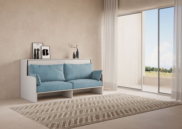 Letto Singolo A Scomparsa Kando Con Divano Bianco Frassino e Azzurro