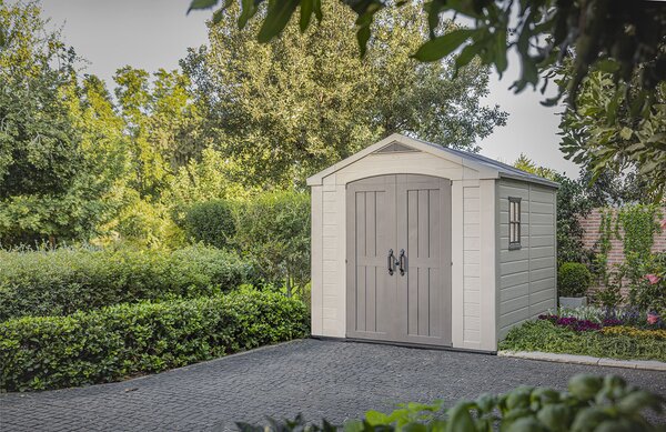Casetta da Giardino con Mensole 256,5x255x243 cm Keter Factor 8x8 in Polipropilene Rinforzato Beige