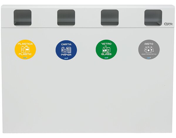 Pattumiera per Raccolta Differenziata 4 Scomparti 240 L 120x30x96 cm in Acciaio Verniciato Bianco