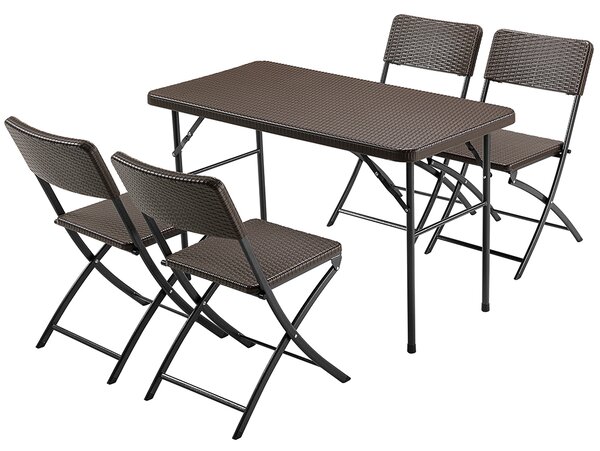 Set Tavolo Pieghevole 122x60x74 cm con 4 Sedie da Giardino in Polyrattan e Acciaio Inox Marrone