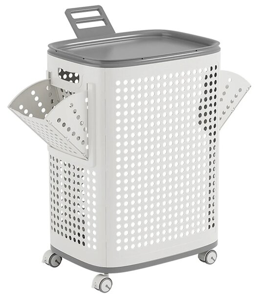 Cesto Portabiancheria con Ruote e Vani Laterali Estraibili 42x33x61,5 cm in PP Bianco