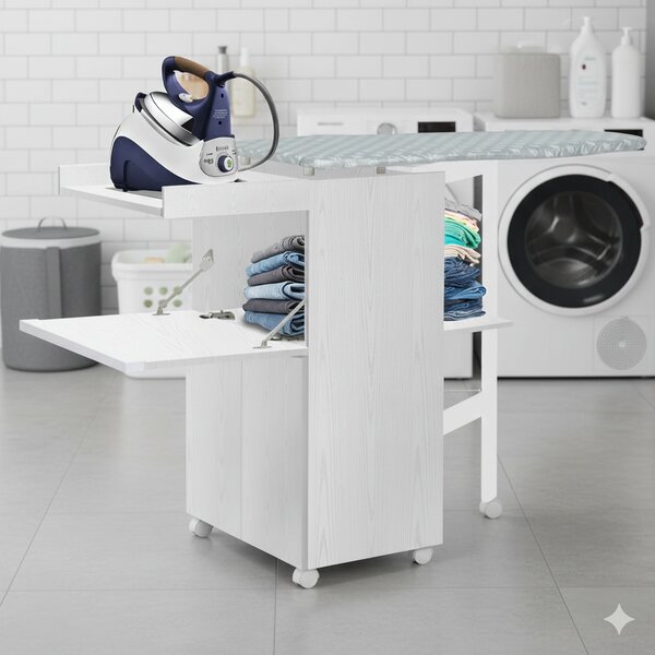 Mobile Asse da Stiro a Scomparsa Salvaspazio Richiudibile 55x38x90,5 cm In MDF Bianco Frassino