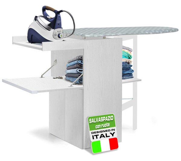 Mobile Asse da Stiro a Scomparsa Salvaspazio Richiudibile 55x38x90,5 cm In MDF Bianco Frassino