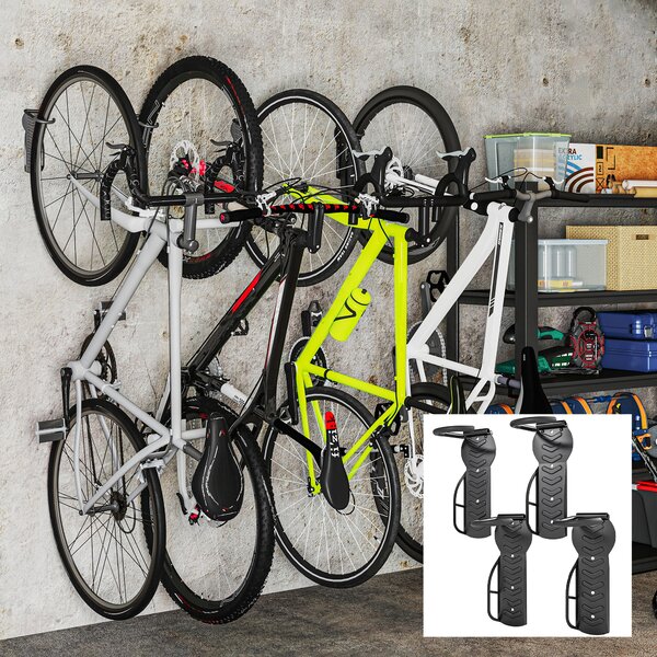 Set 4 Supporti per Bicicletta da Parete Gancio Pieghevole Portabici da Muro in Metallo Nero