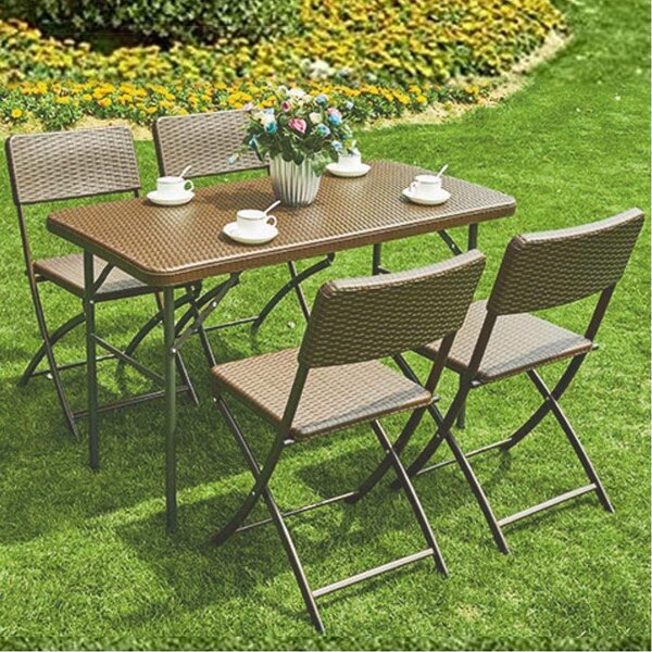 Set Tavolo Pieghevole 122x60x74 cm con 4 Sedie da Giardino in Polyrattan e Acciaio Inox Marrone
