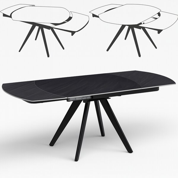 Tavolo Allungabile Piano Rotante 140-180x90x77 cm in Ceramica Effetto Marmo Nero