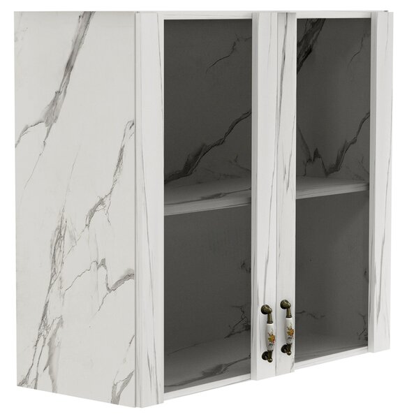 Pensile Cucina con Ante in Vetro 80x72x32 cm Bianco Effetto Marmo