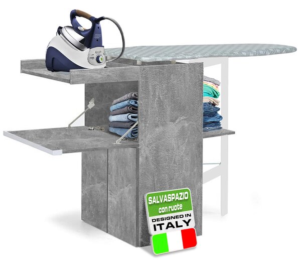 Mobile Asse da Stiro a Scomparsa Salvaspazio Richiudibile 55x38x90,5 cm In MDF Effetto Cemento