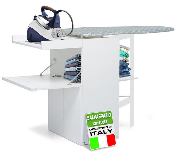 Mobile Asse da Stiro a Scomparsa Salvaspazio Richiudibile 55x38x90,5 cm In MDF Bianco