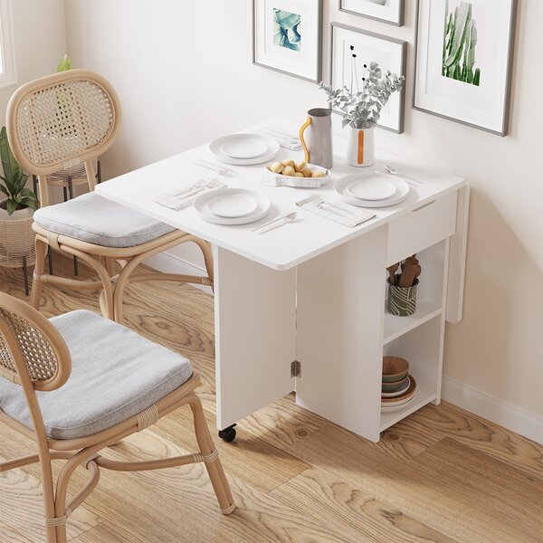 Tavolo Pieghevole Salvaspazio Anta a Ribalta 120x77x75 cm con Ruote in Legno Bianco