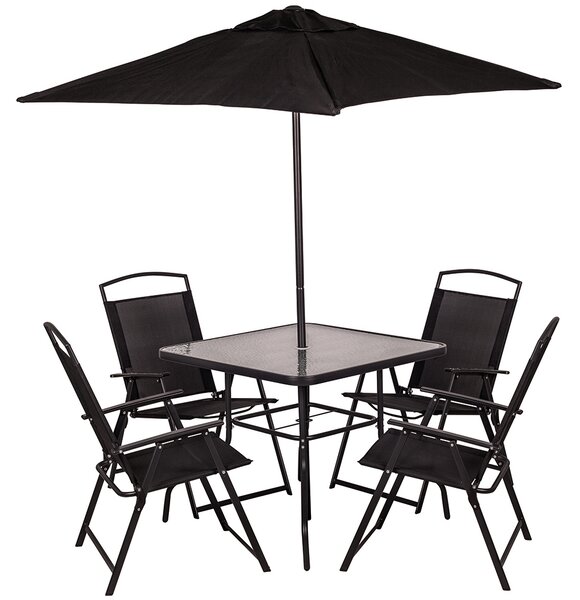 Set da Pranzo 6 Pezzi per Giardino Patio Tavolo Piano in Vetro con Ombrellone e 4 Sedie Pieghevoli Nero