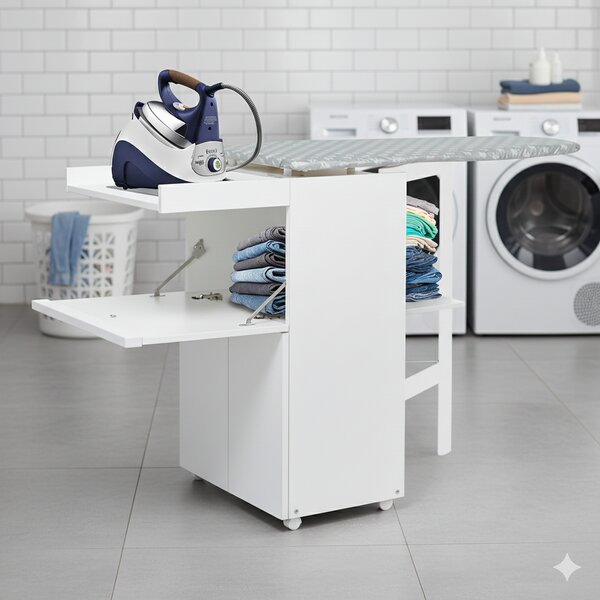 Mobile Asse da Stiro a Scomparsa Salvaspazio Richiudibile 55x38x90,5 cm In MDF Bianco