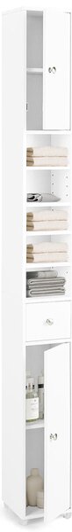 Mobile Bagno a Colonna Slim 20x20x180 cm con 2 Ante 1 Cassetto 5 Ripiani in Legno Bianco