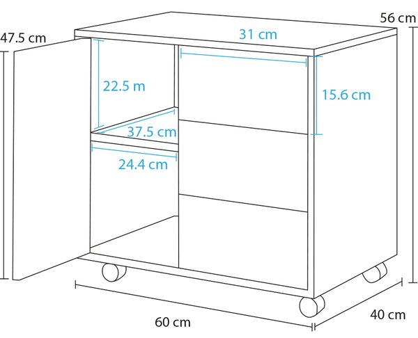 Cassettiera Mobile Ufficio Porta Stampante Salvaspazio 60x40x56 cm con Ruote Rivestimento in Melamina Bianco