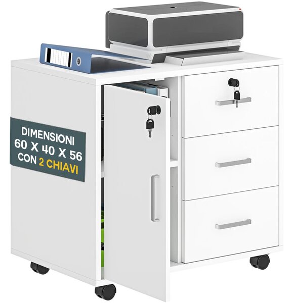 Cassettiera Mobile Ufficio Porta Stampante Salvaspazio 60x40x56 cm con Ruote Rivestimento in Melamina Bianco