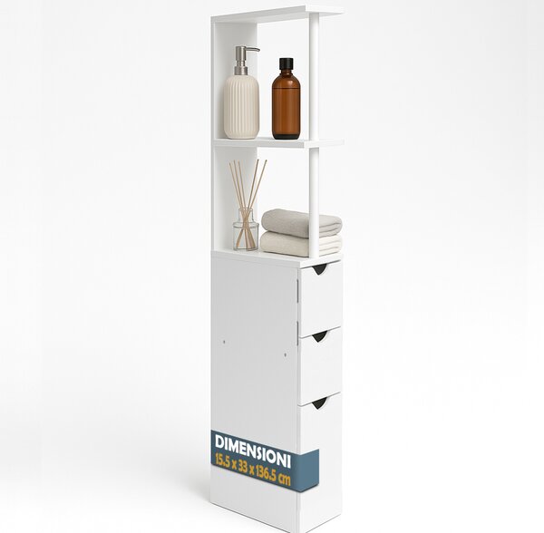 Mobiletto Salvaspazio Bagno Multiuso 33x15x136 cm in Legno Bianco