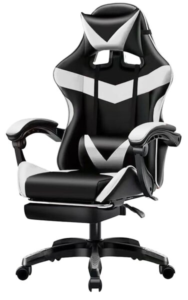 Sedia da Gaming Ergonomica con Poggiapiedi e Cuscini in PVC Bianco e Nero