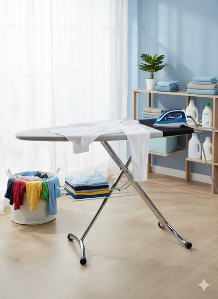 Asse da Stiro Luxor Profi 123x48 cm Area Ignifuga Salvaspazio Altezza Regolabile Ripiano Sottostante