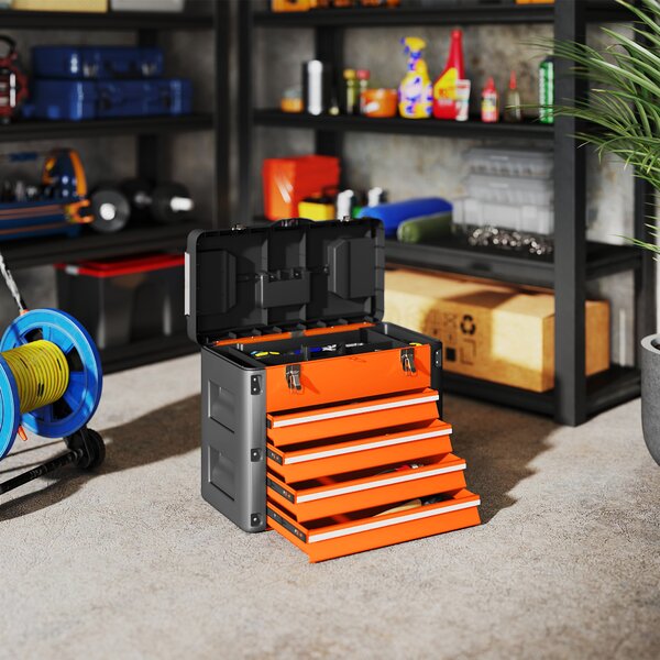 Cassetta Porta Attrezzi 49,7x25,3x40,7 cm con 4 Cassetti e Scomparto Superiore in Acciaio e Plastica Arancione e Nero