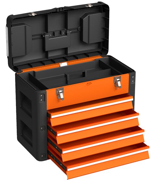 Cassetta Porta Attrezzi 49,7x25,3x40,7 cm con 4 Cassetti e Scomparto Superiore in Acciaio e Plastica Arancione e Nero
