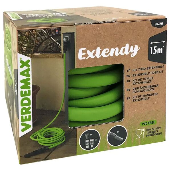 Tubo da Giardino Estensibile Verdemax Extendy 15 m Ultraleggero con Raccordi e Lancia Verde