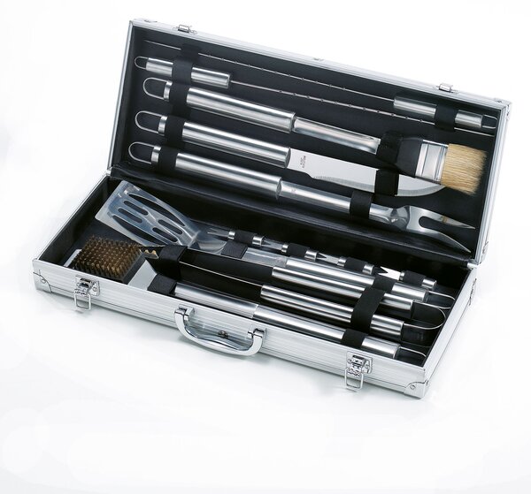 Set Valigetta Accessori per Barbecue Ompagrill in Alluminio da 12 Pezzi in Acciaio Inox