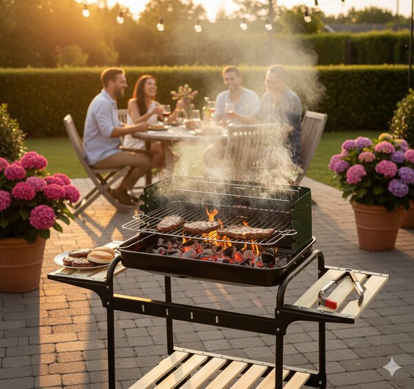 Barbecue a Carbone Griglia 58x38 cm Ompagrill 70501 Ripiani in Legno e Struttura in Acciaio Verniciato Nero