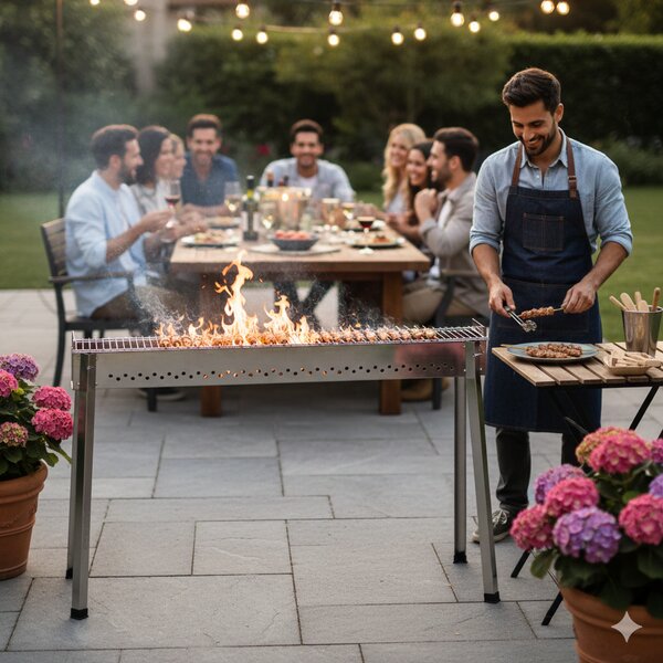 Barbecue per Arrosticini Ompagrill BBQ0116 a Legna o Carbone Uso a Terra o Caminetti Area di Cottura 116 x 14,5 cm Predisposto per Spiedo In Accia