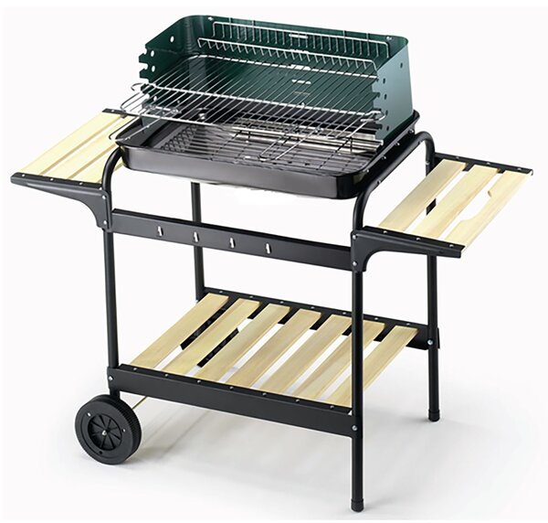 Barbecue a Carbone Griglia 58x38 cm Ompagrill 70501 Ripiani in Legno e Struttura in Acciaio Verniciato Nero