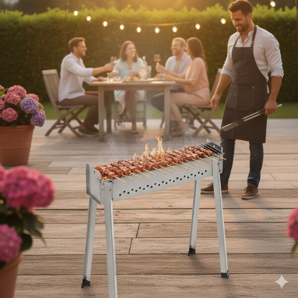 Barbecue per Arrosticini Ompagrill BBQ0080 a Legna o Carbone Uso a Terra o Caminetti Area di Cottura 78x14,5 cm Predisposto per Spiedo In Acciaio 