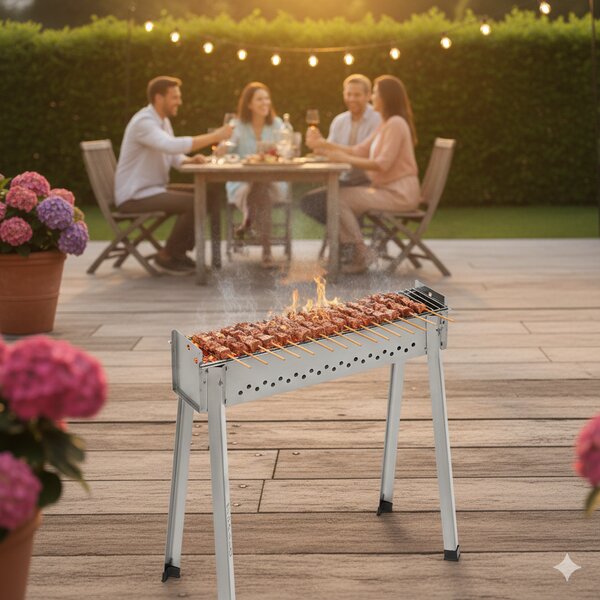 Barbecue per Arrosticini Ompagrill BBQ0066 a Legna o Carbone Uso a Terra o Caminetti Area di Cottura 66x14,5 cm Predisposto per Spiedo In Acciaio 