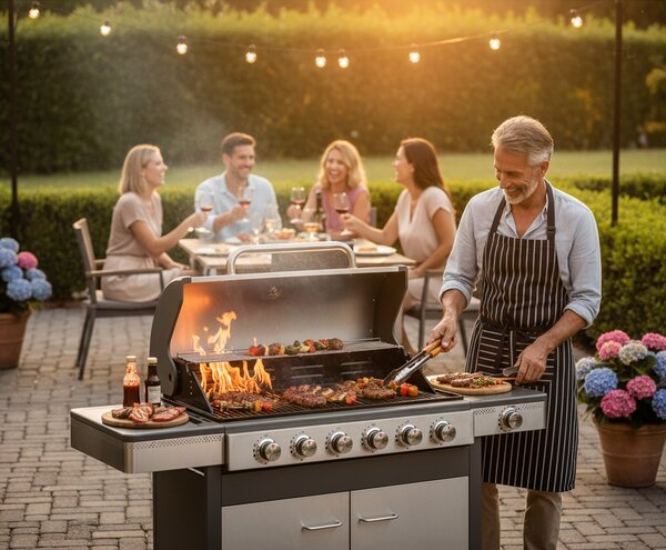 Barbecue a Gas GPL 6 Fuochi + 1 Fornello Laterale Ompagrill Indianapolis 7/B in Acciaio Inox