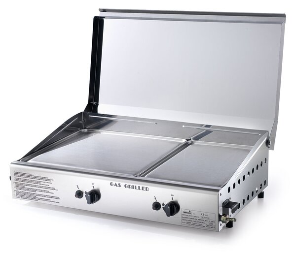Doppia Piastra di Cottura con Cover Ompagrill Plancha Double 0471 Alimentazione a Gas GPL con Accensione Piezoelettrica in Acciaio Inox per Alimen