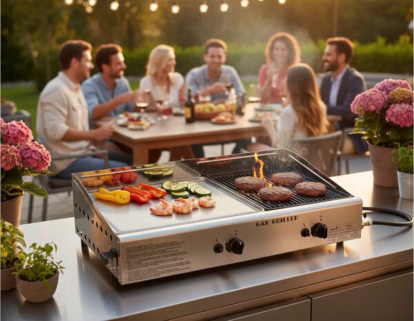 Doppia Piastra di Cottura Ompagrill Plancha Double 0468 Alimentazione a Gas GPL con Accensione Piezoelettrica in Acciaio Inox e Ghisa