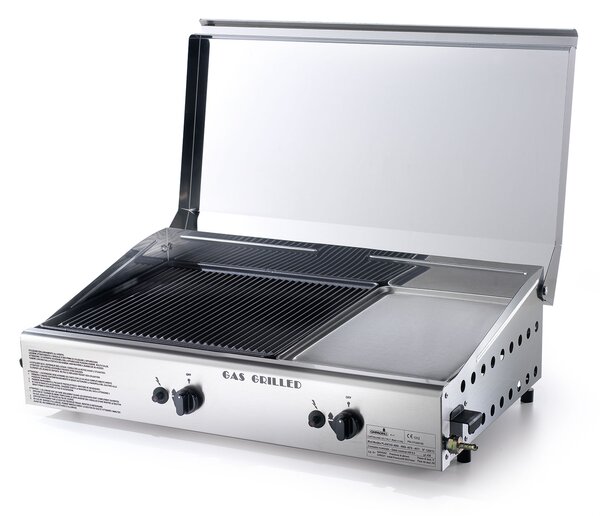Doppia Piastra di Cottura con Cover Ompagrill Plancha Double 0470 Alimentazione a Gas GPL con Accensione Piezoelettrica in Acciaio Inox e Ghisa