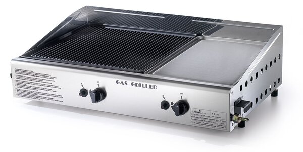 Doppia Piastra di Cottura Ompagrill Plancha Double 0470 Alimentazione a Gas GPL con Accensione Piezoelettrica in Acciaio Inox e Ghisa
