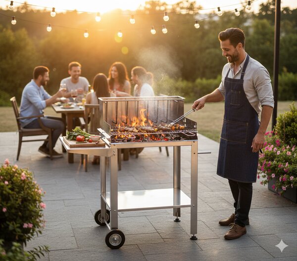 Barbecue a Legna o Carbone Ompagrill Graticola in Tondino di Acciaio Cromato Rivestimento Interno Refrattario e Struttura in Acciaio Inox