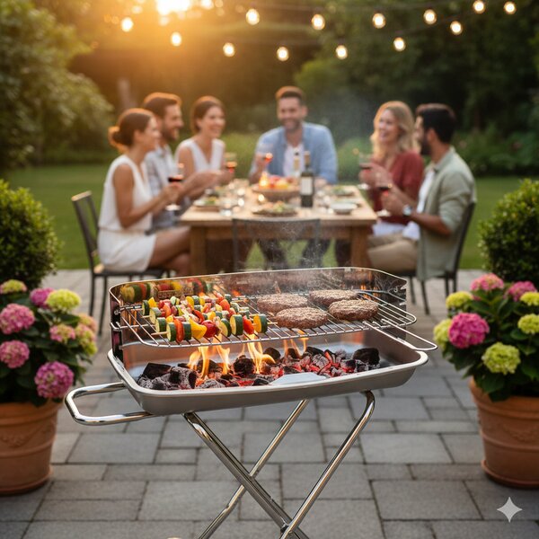 Barbecue Ompagrill con Braciere in Acciaio Alluminato Resistente fino a 500° Struttura con Carrello in Acciaio Inox