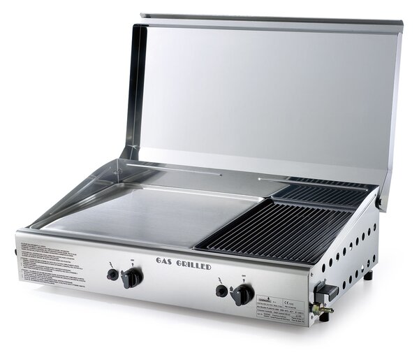 Doppia Piastra di Cottura con Cover Ompagrill Plancha Double 0468 Alimentazione a Gas GPL con Accensione Piezoelettrica in Acciaio Inox e Ghisa