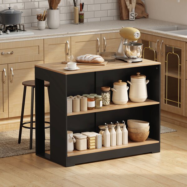Tavolo Bancone Bar 113x60x90 cm Isola da Cucina con 3 Ripiani per Soggiorno e Salotto in Truciolato Nero e Legno